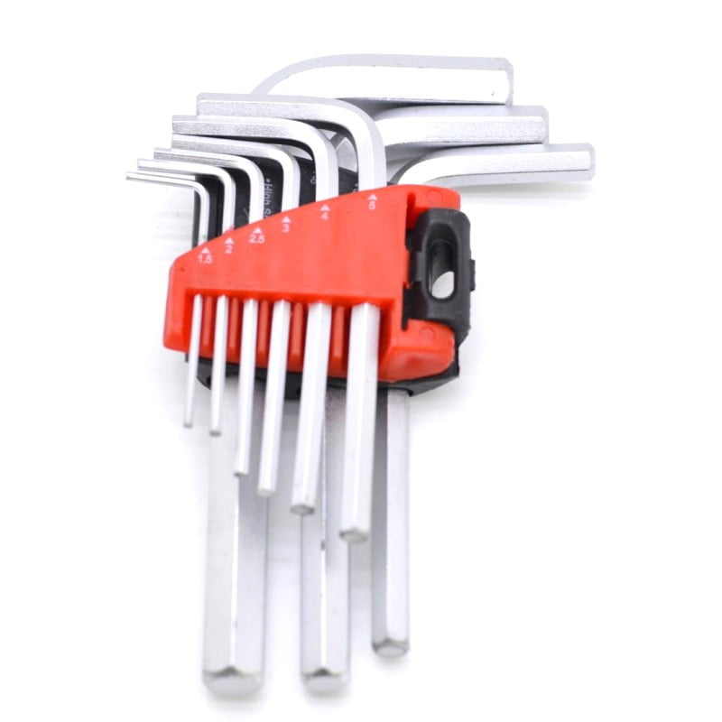 Set 9 chei imbus hexagonale 1.5mm-10mm, forma L, cu suport plastic rosu pentru organizare si acces rapid