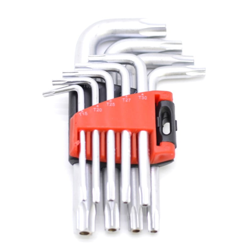 Set 9 chei Torx tip stea T15-T55, otel cromat, suport organizare bicolor, chei in L pentru suruburi stea