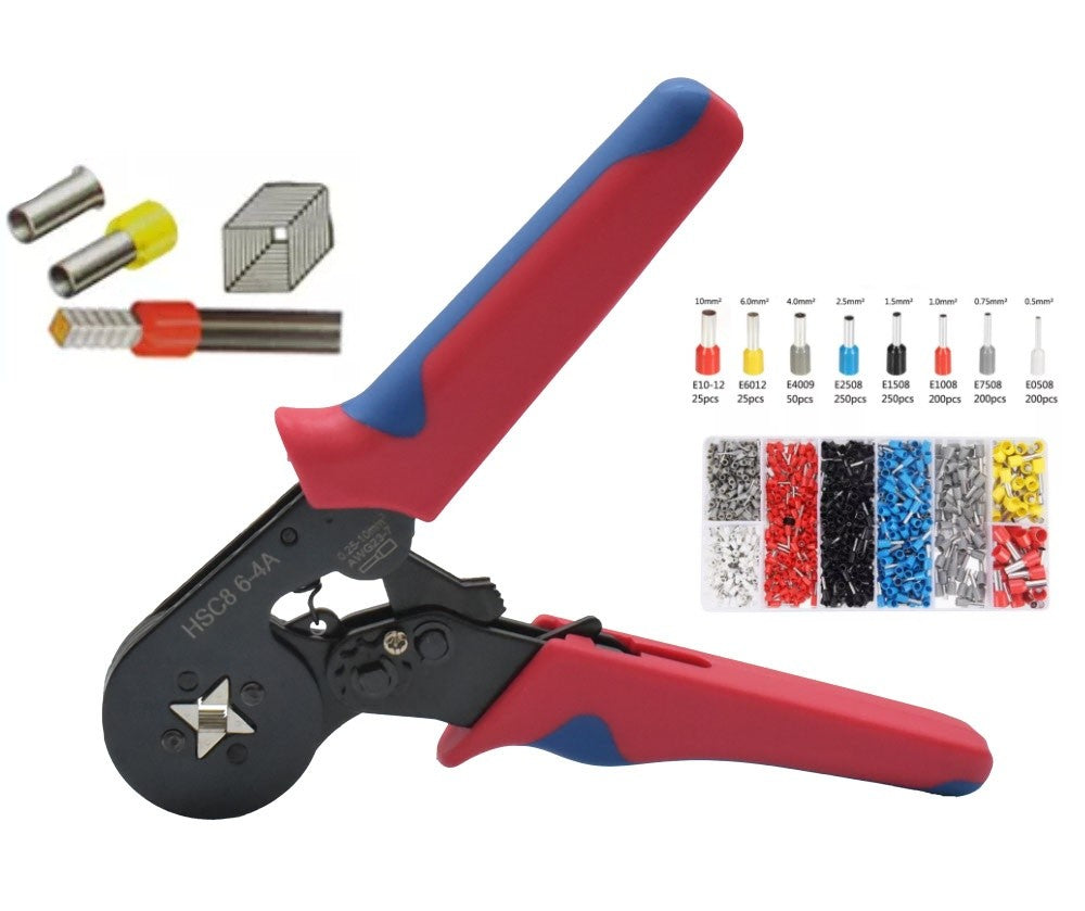 Cleste sertizat profesional cu set pini izolati 0.5-10mm², vedere laterala cu detaliu capete