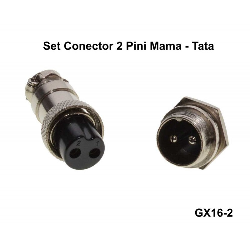 Conector aviator 2 pini, vedere frontala mufa mama si mufa tata separate