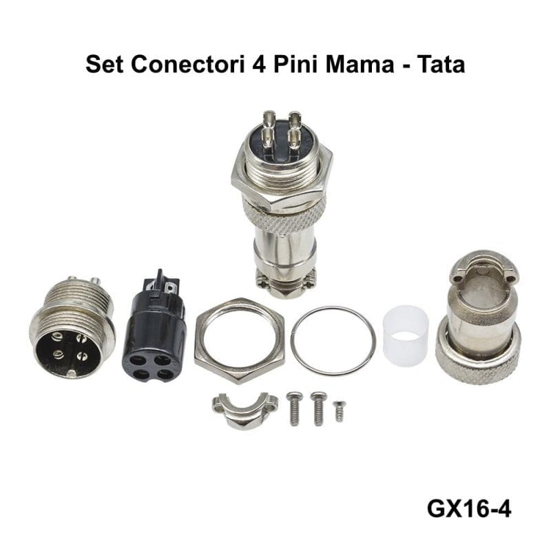 Set conector aviator GX16 4 pini mama-tata, componente detaliate, montaj panou 16mm
