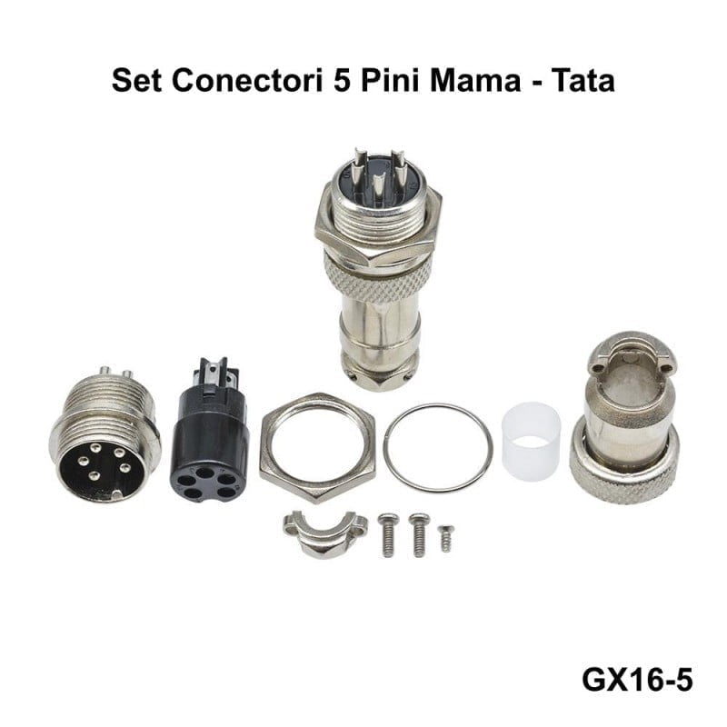 Set complet conector aviator GX16 5 pini mama-tata, 400V, cu saibe, inele si suruburi incluse