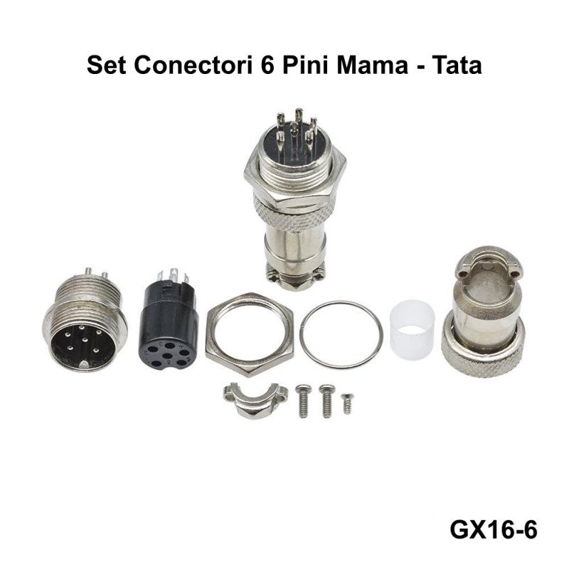 Conector aviator 6 pini tip GX16, set complet mama-tata cu piulita si accesorii