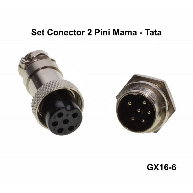 Conector aviator 6 pini GX16, detaliu pini mama si tata, gauri numerotate vizibile