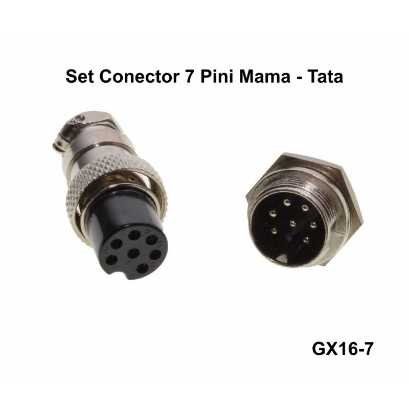Set conector GX16-7 pini mama si tata, detaliu contacte, montaj panou hexagonal