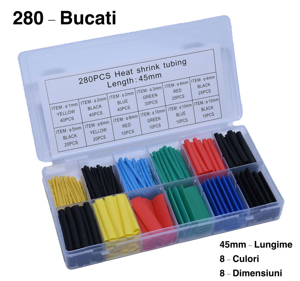 Set 280 tuburi termocontractabile in cutie deschisa, 8 culori si 8 dimensiuni, lungime 45mm, 280 bucati