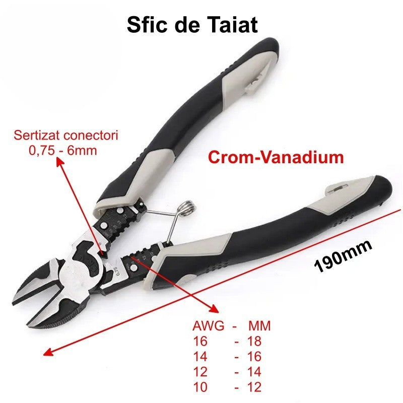 Sfic de taiat multifunctional CR-V 190mm, sertizare 0.75-6mm, vedere laterala deschisa cu dimensiuni