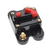 Siguranta auto cu reset manual 60A, IP67, pentru circuite 12V-24V DC, corp ABS negru cu buton rosu si borne aurite