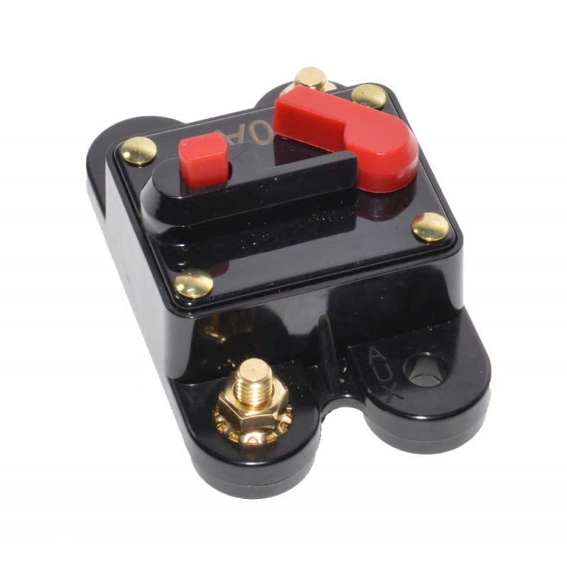 Siguranta auto cu reset manual 60A, IP67, pentru circuite 12V-24V DC, corp ABS negru cu buton rosu si borne aurite