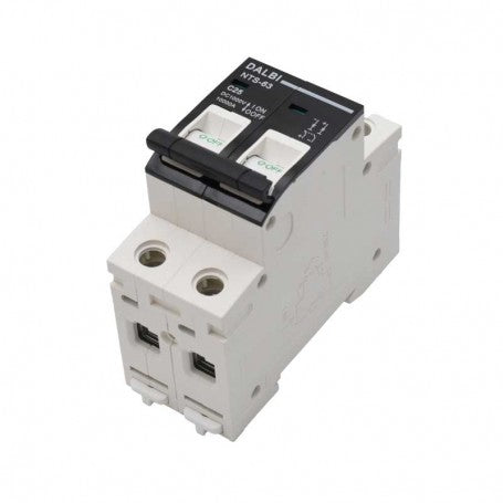 Siguranta MCB bipolara DC 1000V, vedere laterala cu terminale de conectare si maner de actionare