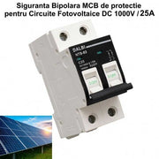 Siguranta bipolara MCB DC 1000V 25A pentru circuite fotovoltaice, montaj sina DIN 35mm, putere rupere 10000A