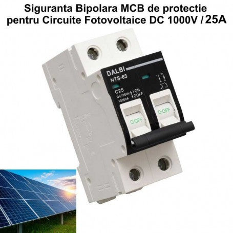 Siguranta bipolara MCB DC 1000V 25A pentru circuite fotovoltaice, montaj sina DIN 35mm, putere rupere 10000A