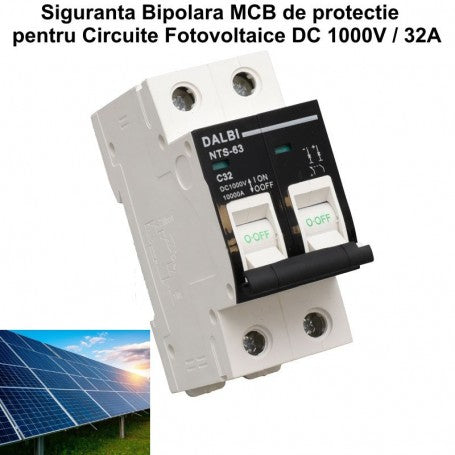Siguranta bipolara MCB DC 1000V 32A pentru circuite fotovoltaice, montaj pe sina DIN, 2 poli