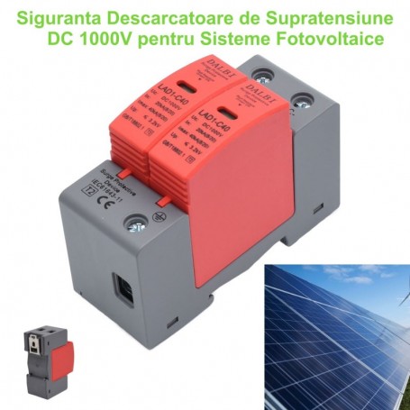 Descarcator de supratensiune DC 1000V pentru sisteme fotovoltaice, montaj sina DIN, protectie impotriva fulgerelor