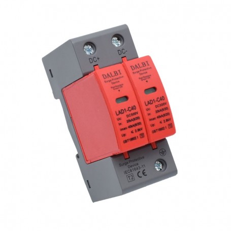 Descarcator supratensiune fotovoltaic DC+/DC- 500V, 40kA, vedere frontala module rosii