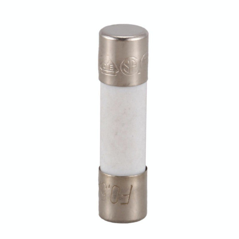 Siguranta ceramica 5x20mm cu marcare F0.5 pe capac metalic, vedere frontala detaliata