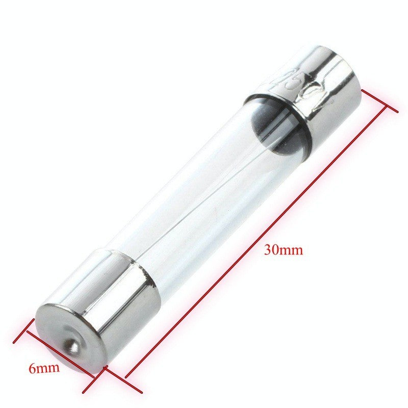 Siguranta rapida de sticla 15A 6x30mm cu capace metalice argintii, dimensiuni marcate cu rosu