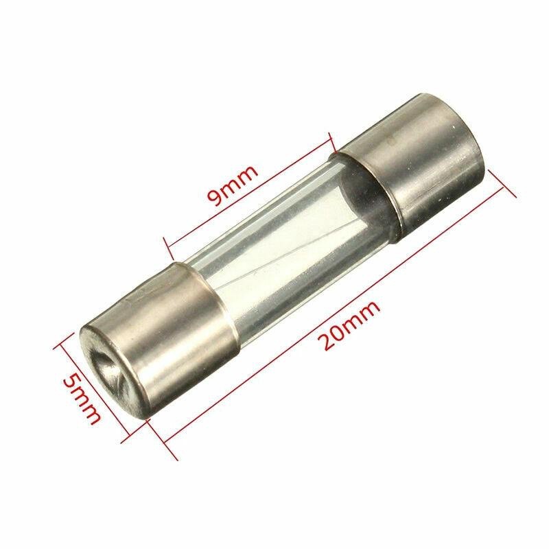 Siguranta fuzibila din sticla cu dimensiuni marcate: lungime 20mm, diametru 5mm, cap metalic 9mm