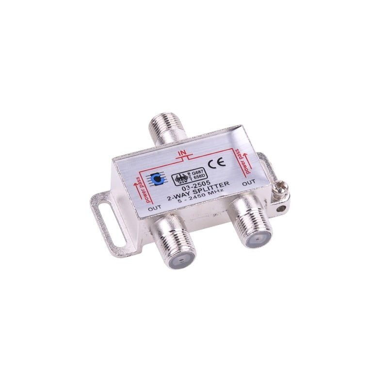 Spliter TV 2 iesiri, frecventa 5-2450 MHz, conectori F, carcasa metalica compacta pentru semnal cablu si satelit
