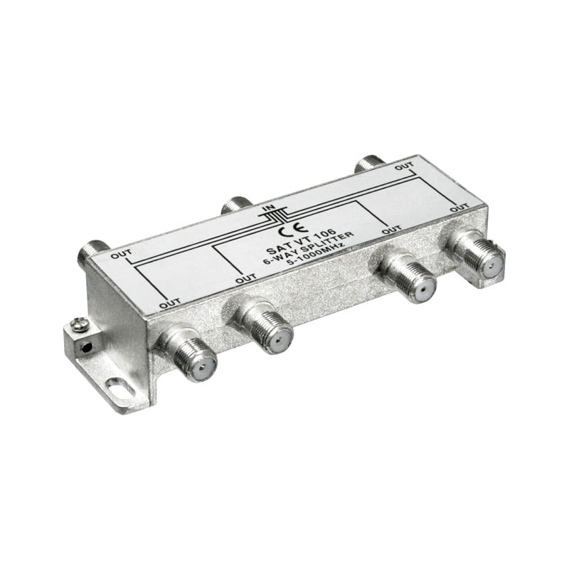 Spliter TV 6 iesiri, banda 5-1000 MHz, conectori tip F, carcasa metalica pentru distributie semnal cablu si satelit