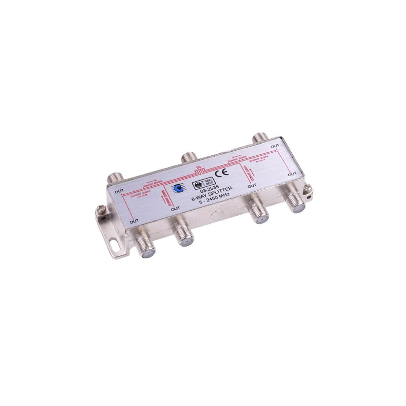 Spliter TV 6 iesiri, frecventa 5-2450 MHz, conectori tip F, carcasa metalica, distributie semnal cablu si satelit