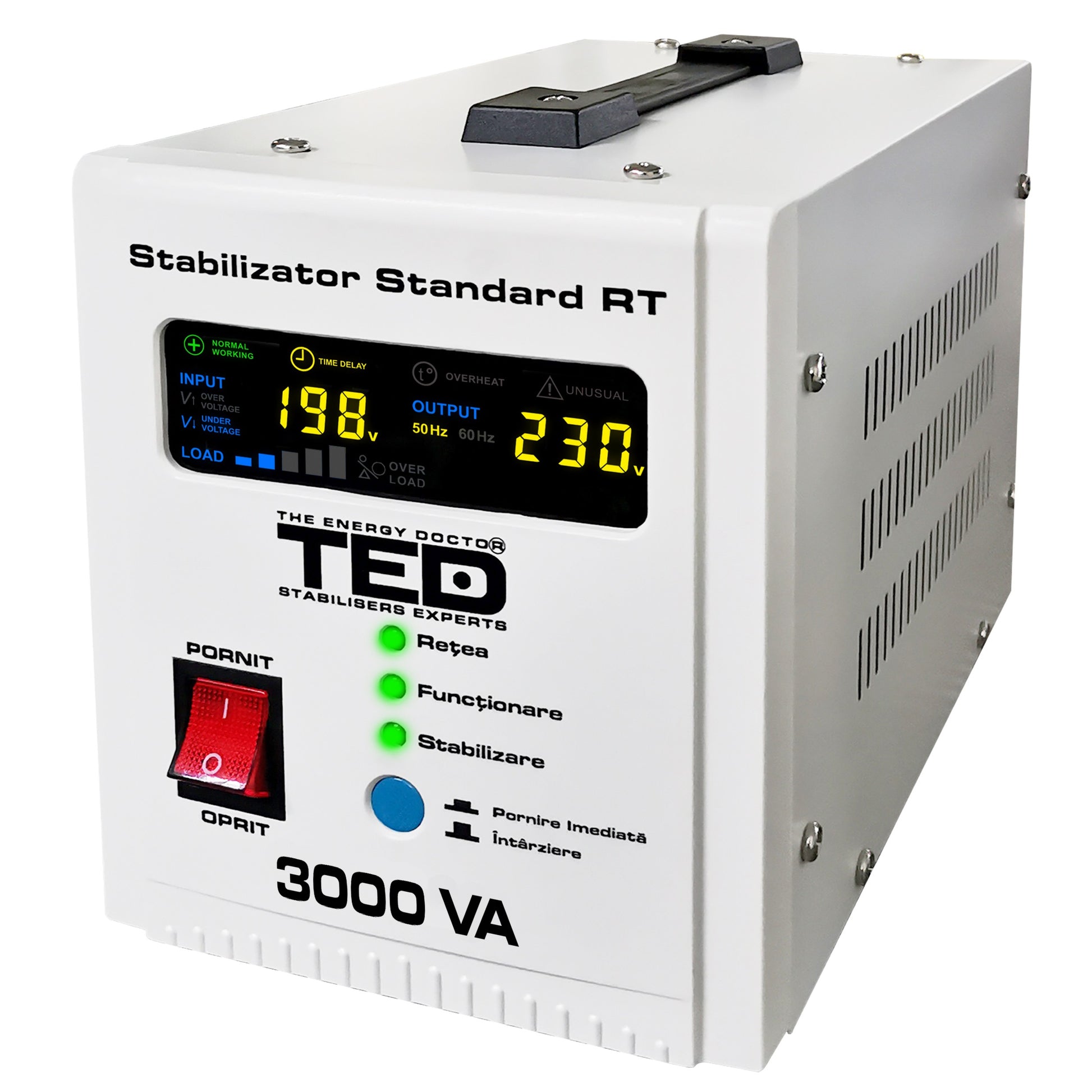 Stabilizator tensiune 3000VA cu panou frontal, buton pornit/oprit si afisaj digital tensiune intrare-iesire