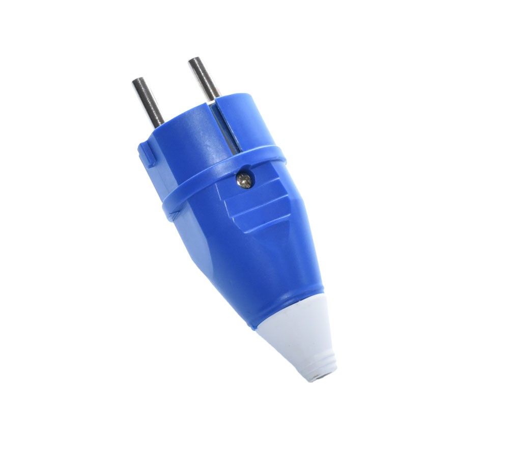 Stecher electric PP 16A albastru, vedere frontala cu pini metalici in prim-plan