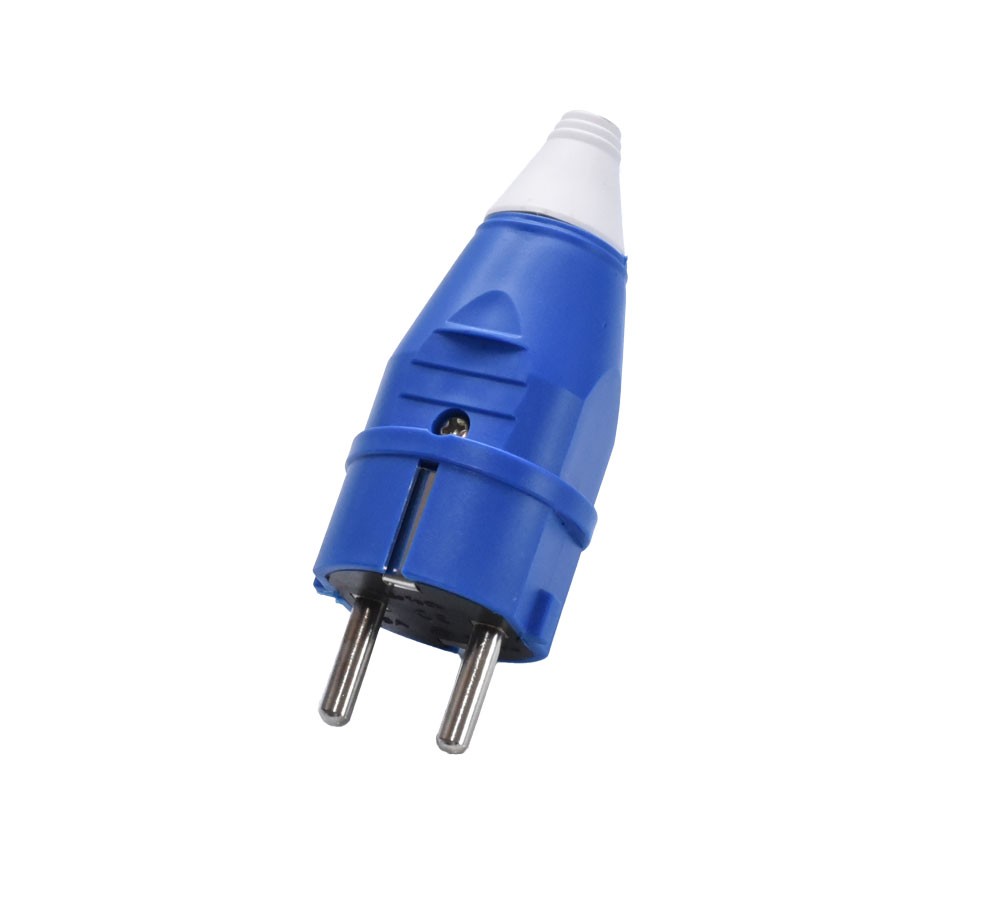 Stecher electric PP 250V albastru, unghi frontal cu pini de impamantare evidentiati