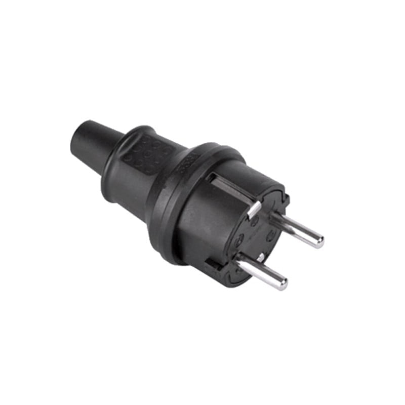 Stecher cauciucat negru 16A 230V cu impamantare, carcasa rezistenta la umiditate, compatibil prize europene