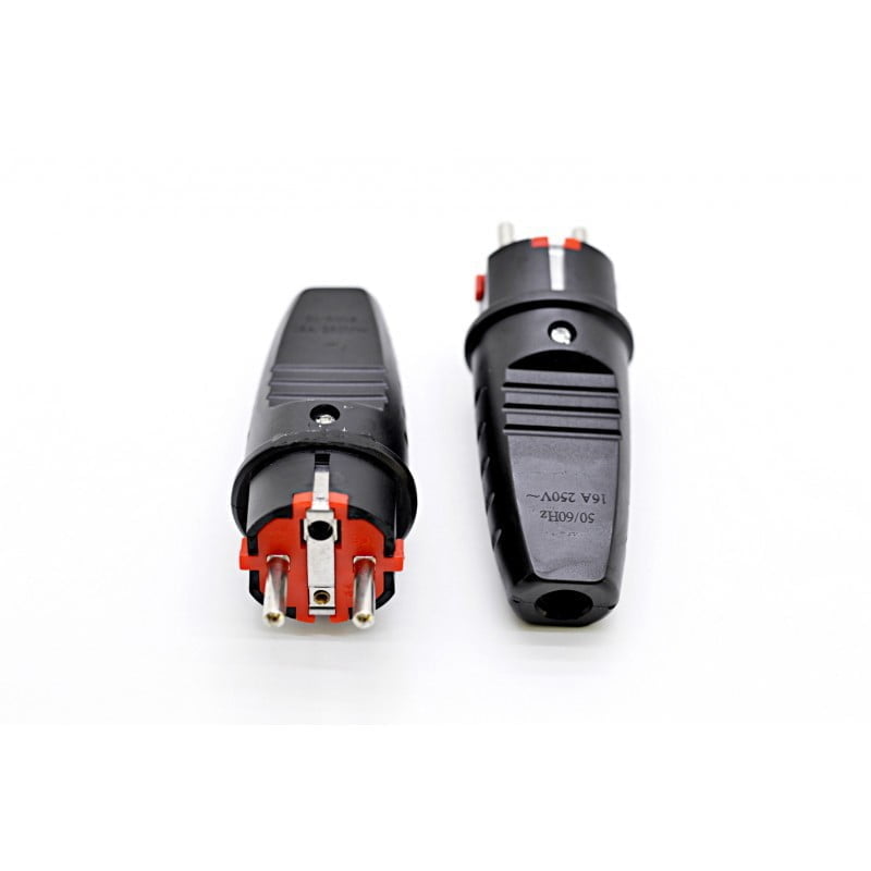 Stecher cauciucat industrial 16A 250V IP44 cu impamantare, carcasa neagra rezistenta, vedere fata si spate