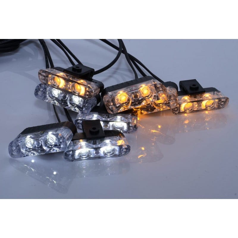 Set 8 module stroboscop auto LED alb-galben aprinse simultan, vedere de ansamblu cu reflexie