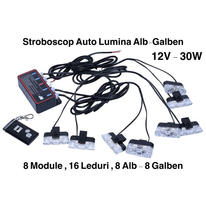Kit stroboscop auto 30W, 12V, 8 module 16 LED-uri alb-galben, cu unitate de control si telecomanda wireless