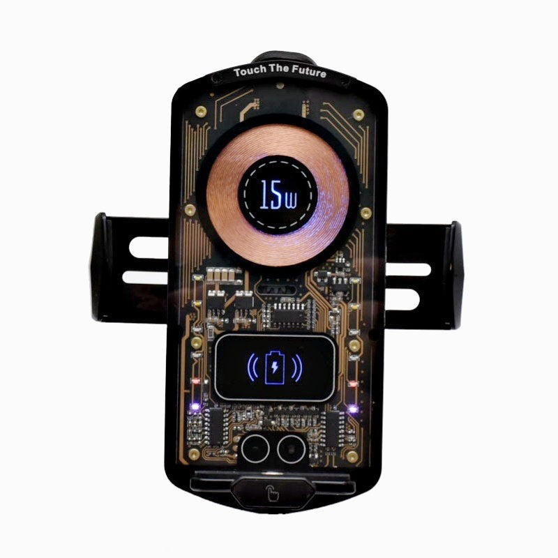 Suport telefon auto 15W wireless, vedere frontala cu LED-uri active si display indicator incarcare
