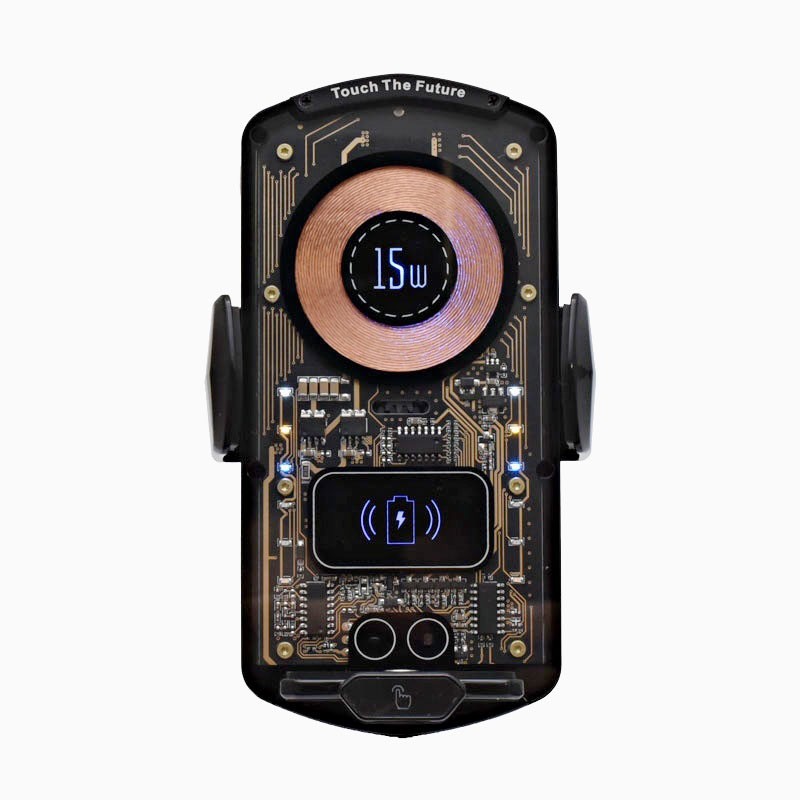 Suport telefon auto wireless 15W, design transparent cu bobina cupru si indicator incarcare iluminat
