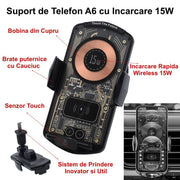 Suport auto cu incarcare wireless 15W, senzor touch si bobina din cupru, compatibil telefoane Qi 5-6.7 inch