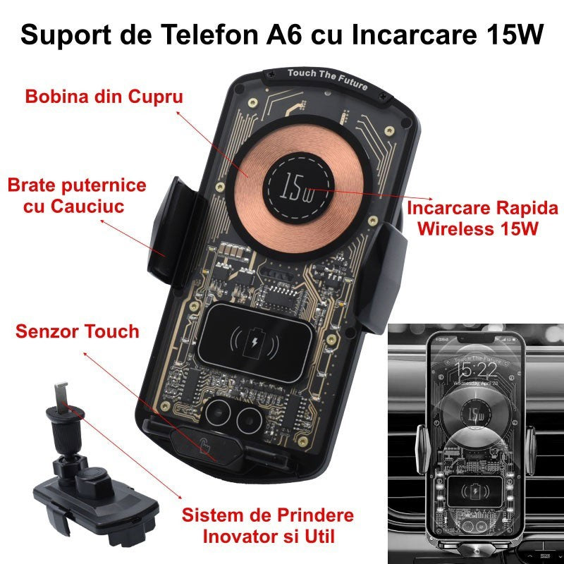 Suport auto cu incarcare wireless 15W, senzor touch si bobina din cupru, compatibil telefoane Qi 5-6.7 inch