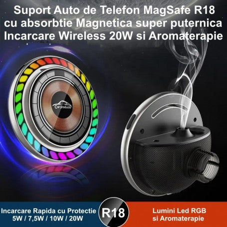 Suport auto MagSafe cu incarcare rapida 5W-20W, lumini LED RGB si aromaterapie integrata