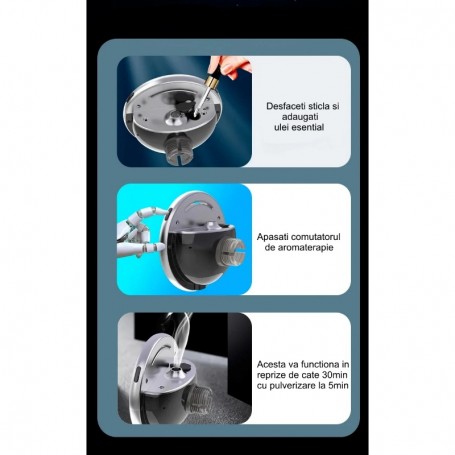 Suport auto wireless cu aromaterapie integrata - mod de utilizare: adaugare ulei esential si activare pulverizare