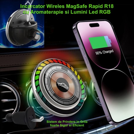 Suport auto magnetic cu incarcare wireless 20W, lumini RGB si aromaterapie, montaj pe grila ventilatie