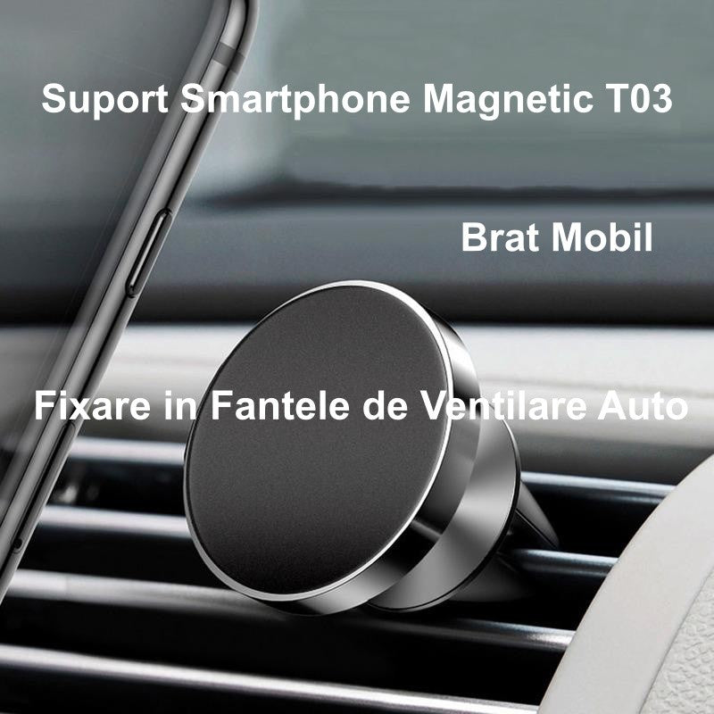 Suport magnetic telefon in grila auto, design compact cu suprafata rotunda si finish metalic
