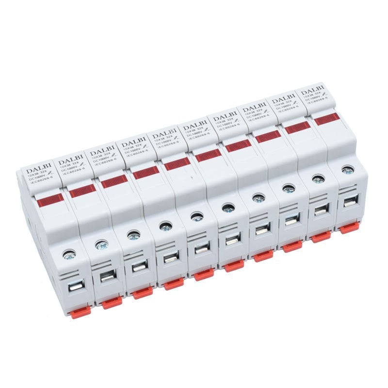 Set 10 suporturi siguranta fuzibila 10x38mm DC 1000V aliniate pe sina DIN, vedere frontala