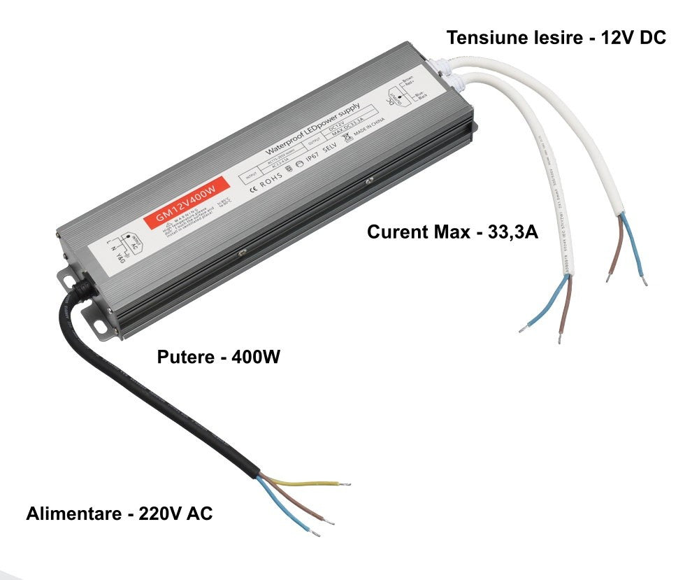 Sursa alimentare 400W 12V DC, 33.3A curent maxim, intrare 220V AC, eticheta specificatii