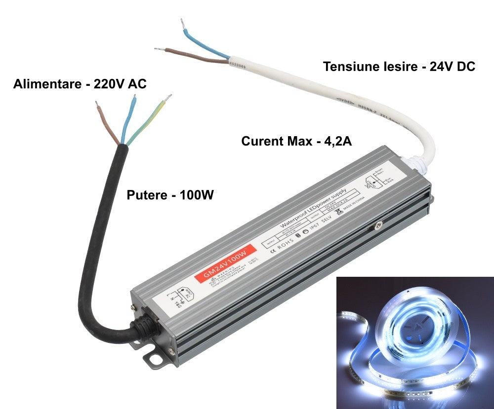 Sursa alimentare LED 100W 24V IP67, schema conectare 220V AC intrare si 4.2A iesire, compatibila banda LED