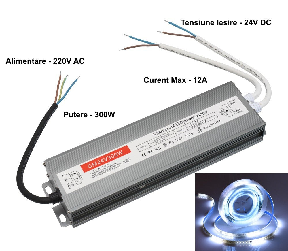 Sursa alimentare 24V 300W IP67 cu schema conexiuni 220V AC intrare si 12A iesire pentru banda LED