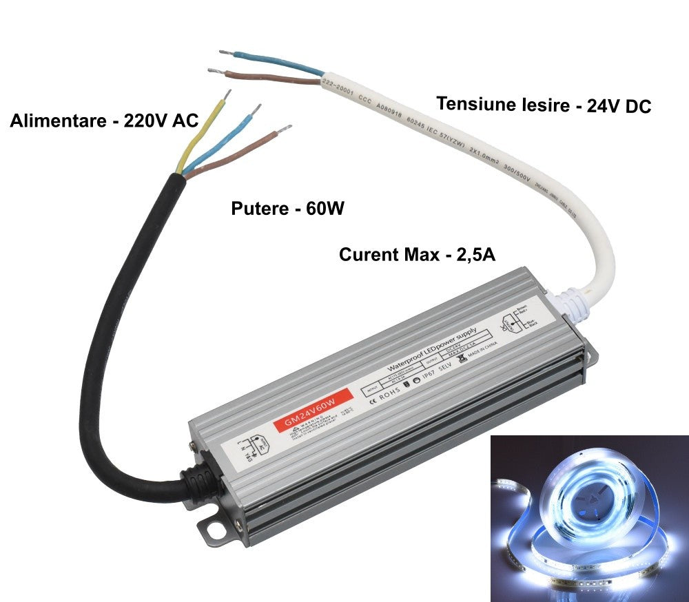 Sursa alimentare 60W 24V IP67 cu specificatii tehnice: alimentare 220V AC, curent max 2.5A, compatibila benzi LED