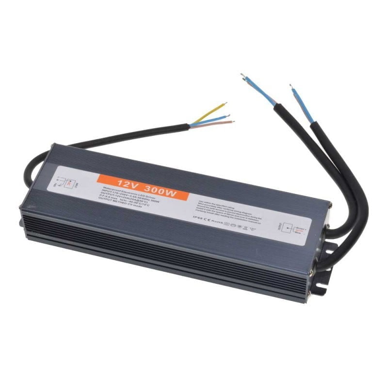Sursa alimentare slim 300W 12V DC, protectie IP68, carcasa aluminiu cu cabluri pre-montate, pentru iluminat LED exterior
