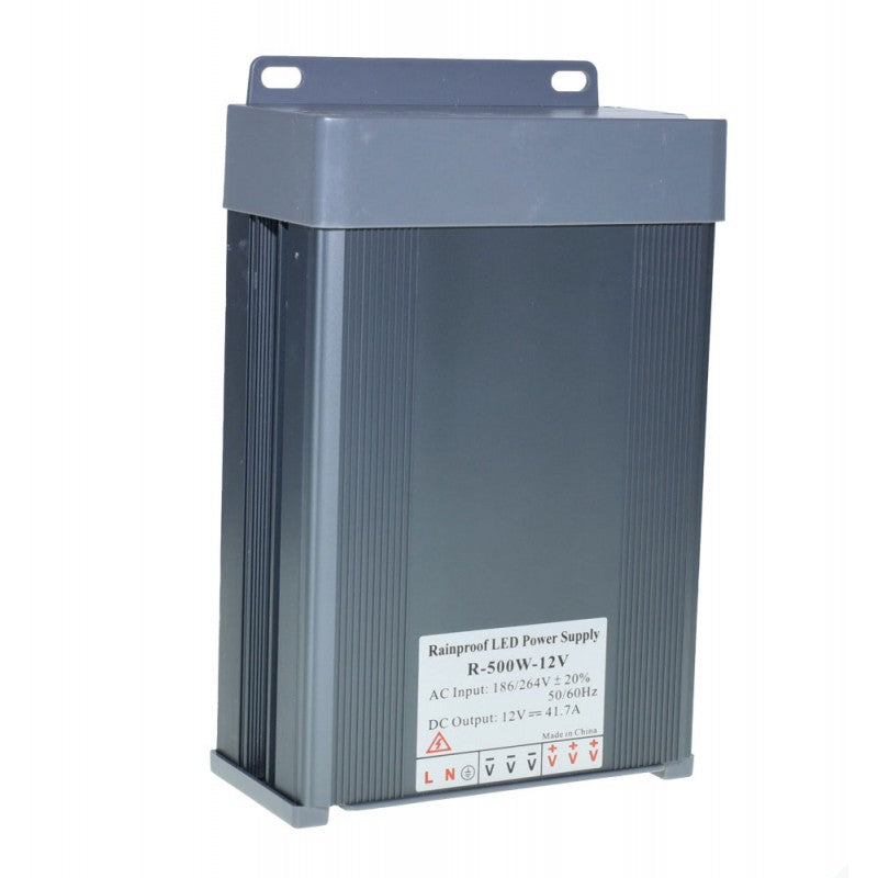 Sursa alimentare IP52 500W 12V, vedere verticala cu cleme de montaj pe perete si eticheta tehnica