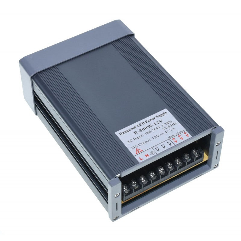 Sursa alimentare exterior 500W 12V, vedere laterala cu capac glisant si borne de conectare accesibile