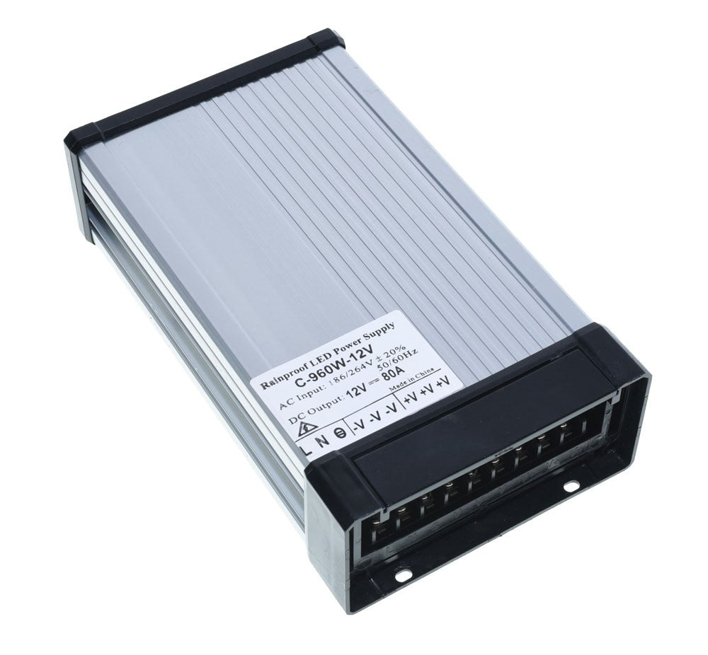 Sursa alimentare 960W 12V, vedere de sus cu bloc borne si terminale de conectare