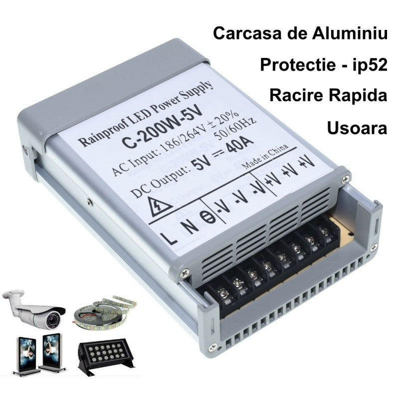 Sursa alimentare 200W 5V IP52 cu aplicatii: benzi LED, camere supraveghere, panouri publicitare